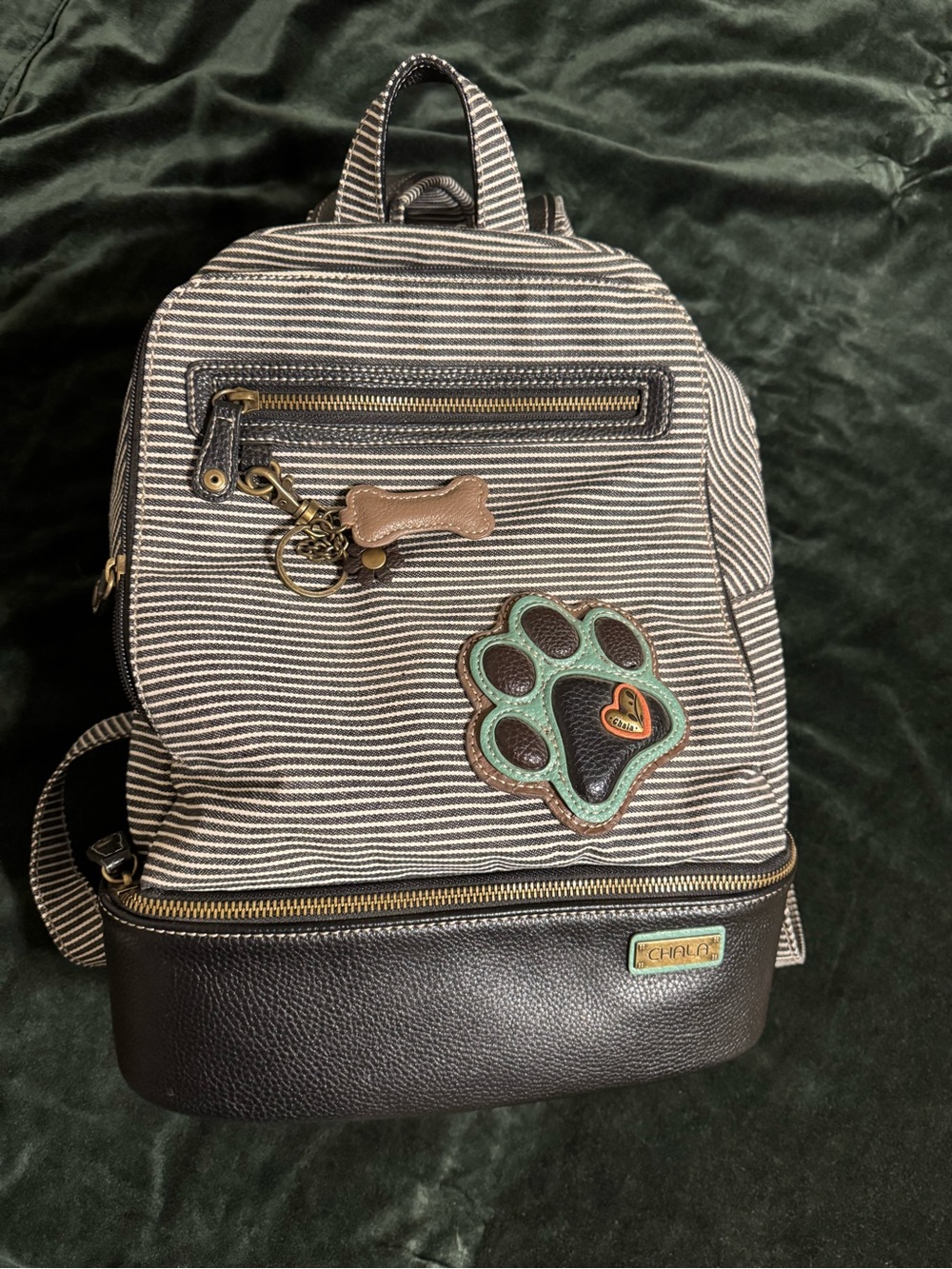 Chala Black & White Striped Backpack with Mint Paw Patch